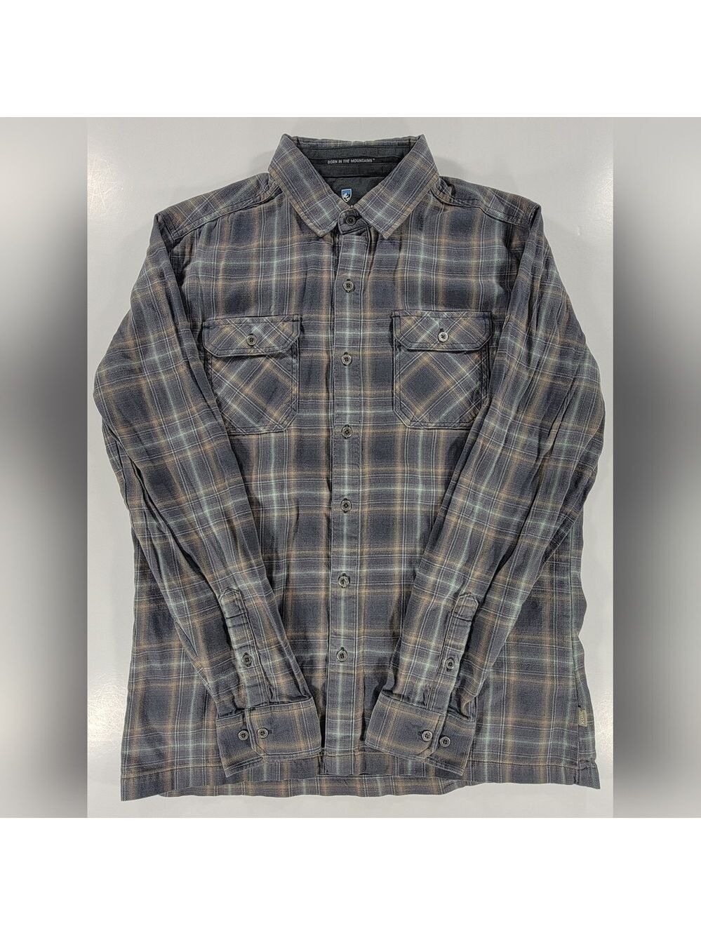 Kuhl Dillingr Flannel Shirt Men Medium Plaid Pockets Long Sleeve Gray Turquoise - Picture 1 of 13